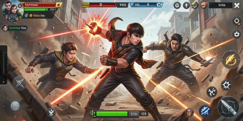 Screenshot gameplay <strong>8768</strong> menampilkan pertempuran seru antara karakter di arena.