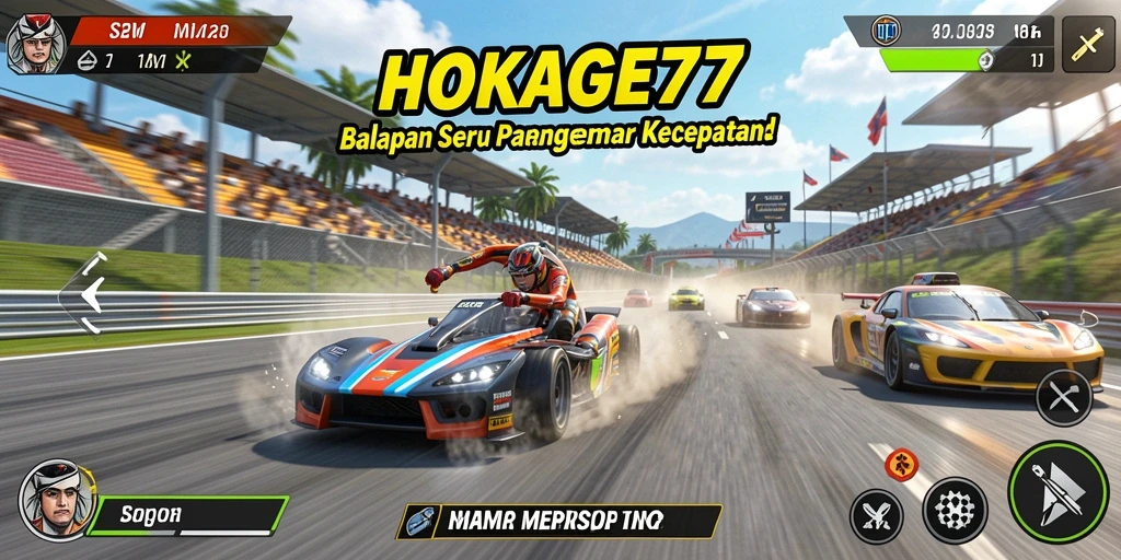 Screenshot gameplay HOKAGE77 menampilkan aksi balapan yang intens.