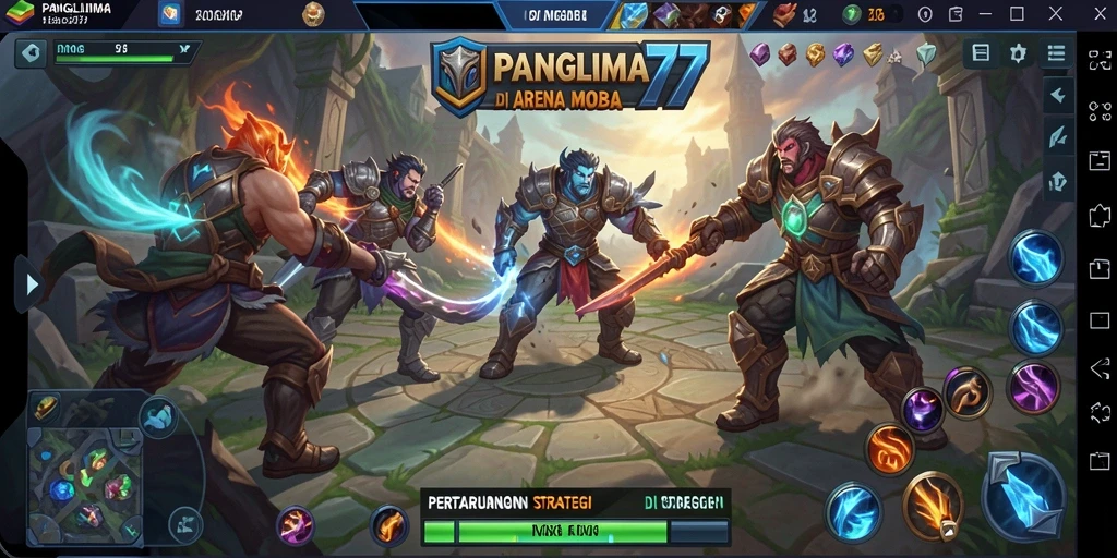Screenshot gameplay menunjukkan pertarungan seru antara tim di arena MOBA.
