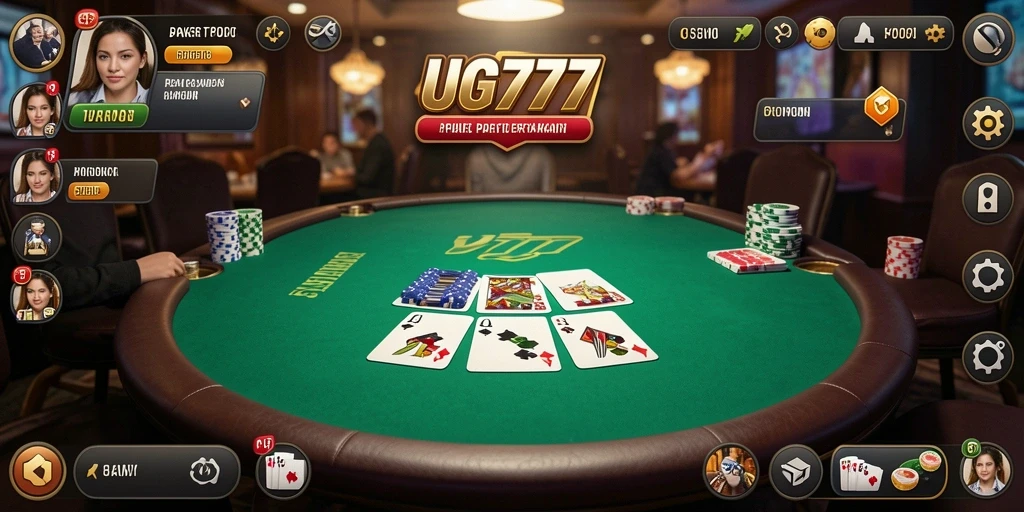 Screenshot UG777 menunjukkan pemain asyik bermain Poker dalam suasana menegangkan.