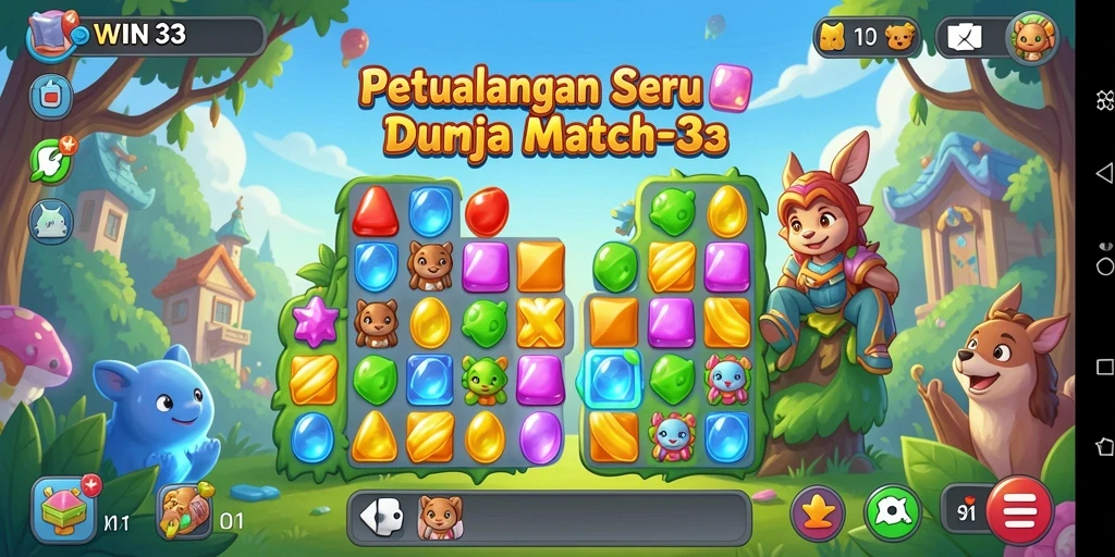 Tangkapan layar gameplay WIN33 menampilkan aksesoris match-3 yang cerah.