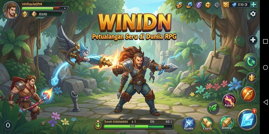Tangkapan layar gameplay WINIDN menunjukkan pertarungan seru dan karakter yang berwarna.