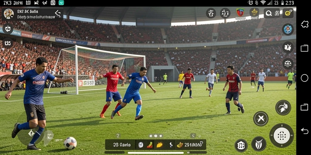 Screenshot gameplay ZK3 yang menunjukkan aksi di lapangan sepak bola.